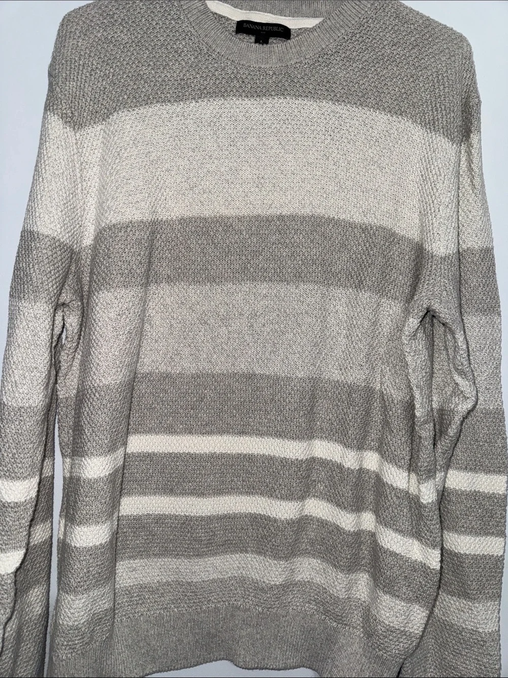 Banana Republic Men’s Gray and Cream Striped Crewneck Sweater
